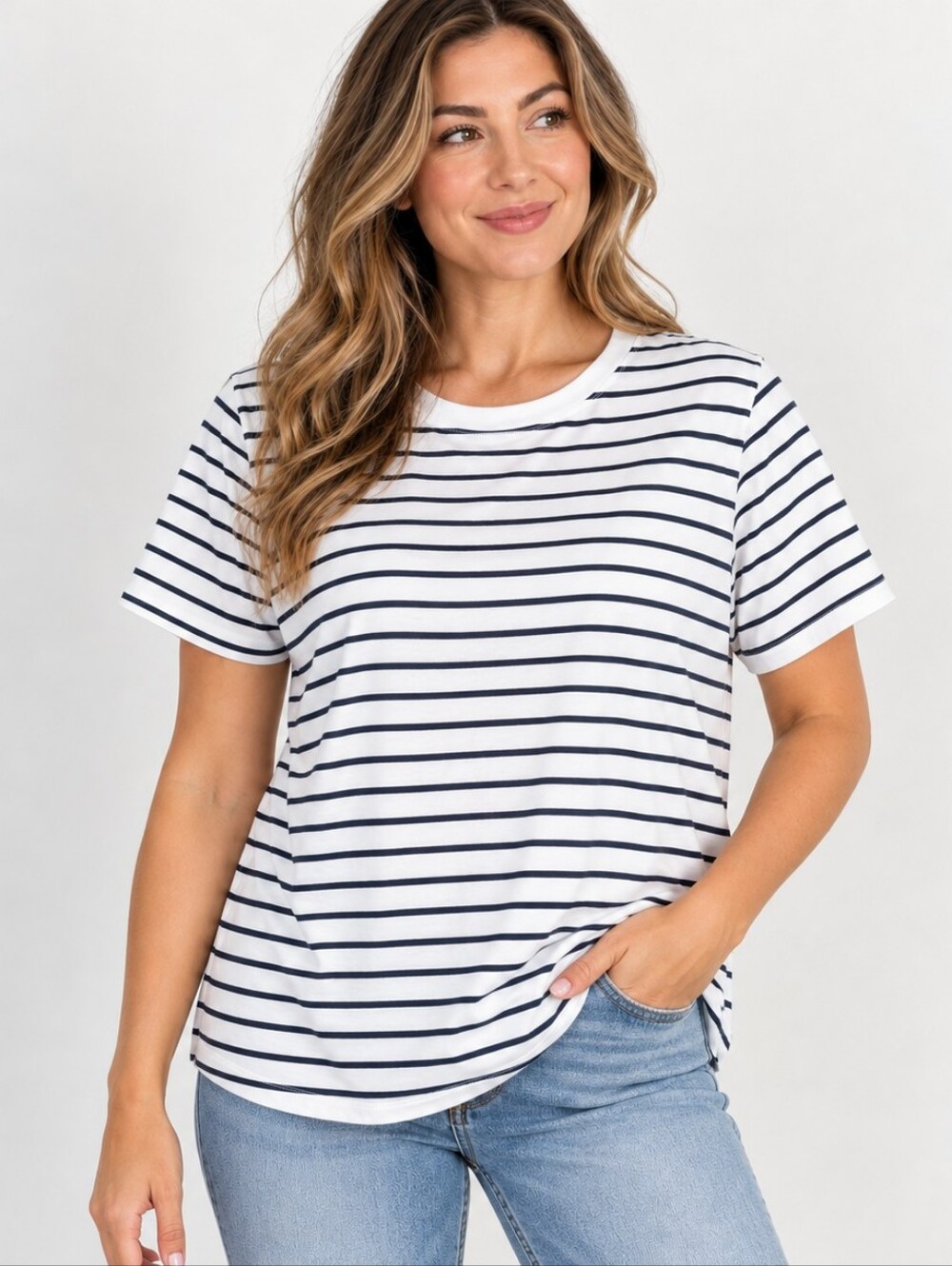 Maurices 24/7 Dawson Americana Striped Crew Neck Tee Blue White Large LIKE NEW